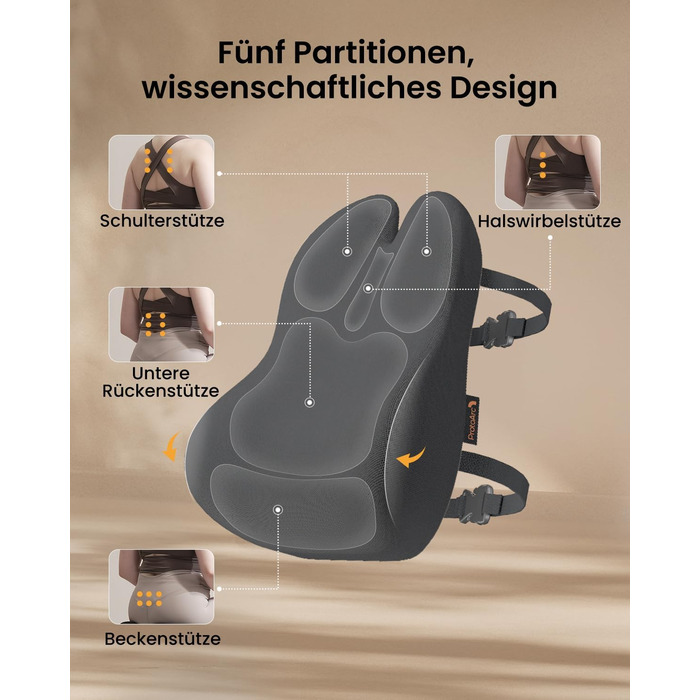 Подушка для спини ProtoArc з піни Memory Foam для офісного крісла, авто та столу - ергономічна поперекова підтримка, дихаюча, з регульованими ременями, сітчастий чохол - сіра