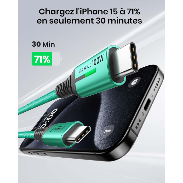 Кабель USB-C INIU 100W з підтримкою PD3.0, 2м, зелений. Сумісний з iPhone, Samsung, Pixel, iPad, MacBook. Нейлонова обплітання.