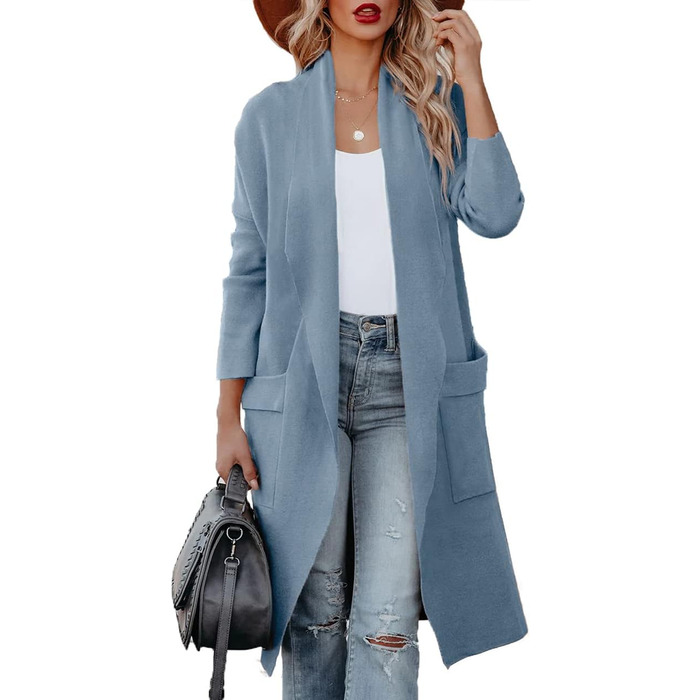 Жіночий кардиган trickjacke з відкритим передом та таселями, довгий, однотонний (S, світло-блакитний)