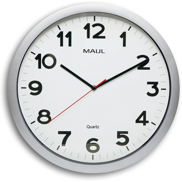 Maul Wanduhr MAULstep Ø 40 cm | Quartz clock with automatic time setting | Modern clock for office and kitchen | Large wall clock with good readability in large rooms | Silver