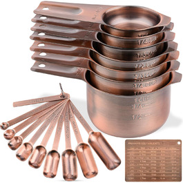 Copper Measuring Cup and Spoon Set, Stainless Steel Measuring Cups and Spoons, Metric, 7 Measuring Cups and 9 Long Measuring Spoons, 1 Leveler and 1 Conversion Chart for Kitchen, Cooking, and Baking