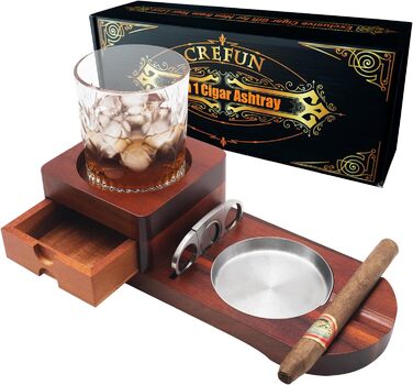 Wood Cigarette Ashtray Whiskey Coasters - Crefun CK2631 cigar accessories for men Whiskey cigar gift set, with removable ashtray drawer, cigar cutter and 2 cigar holders with drawer