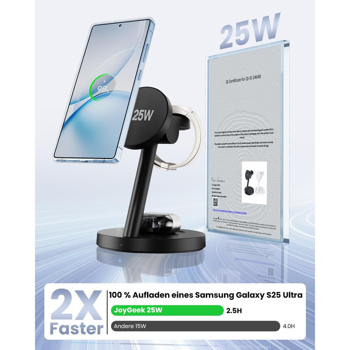 Зарядна станція JoyGeek 4-в-1 з магнітною індуктивною зарядкою 25W для Samsung Galaxy S26/S25/Ultra/Z Fold/Flip 7, бездротова зарядка для Galaxy Watch 8/5/Ultra та Buds 4/2/Pro (чорна)