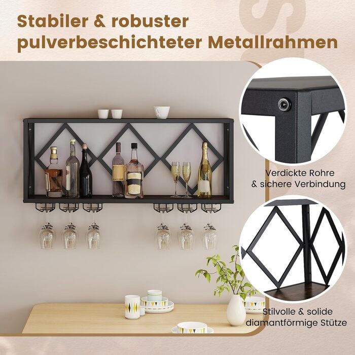 Стійка для вина COSTWAY з LED-підсвічуванням, 2 яруси, дерев'яний ящик з металевим каркасом, 6 рядів для келихів, індустріальний дизайн, для дому, бару, кухні та ресторану