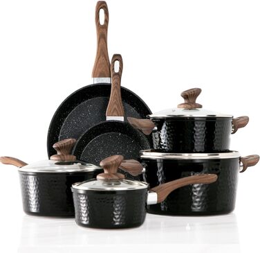 Induction Cookware Set, 15-Piece, Cookware Set with Glass Lids, Granit Cookware and Frying Pan Set Black Aluminum