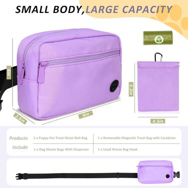 Сумка для собак з карабіном, сумка для тренування цуценят з відділенням для ласощів та контейнером для відходів, сумка для перенесення кормів для тварин з регульованим поясом (фіолетовий)