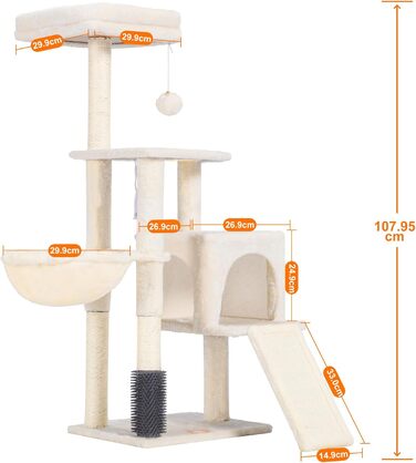 Котячий будиночок Heybly з щіткою для котів, котячий будиночок для домашніх котів з м'якою підставкою з плюшу, котячий когтетоп з кошиком, когтеточкою та когтедровом, HCT005SG (Бежевий)