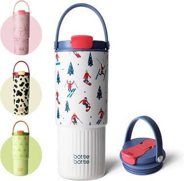 BOTTLE BOTTLE Insulated Water Bottle with Straw and Handle, Stainless Steel Water Bottles for Car, Sports, Home, Office, and School, 750 ml, Leak-Proof, Colors (Skiing)