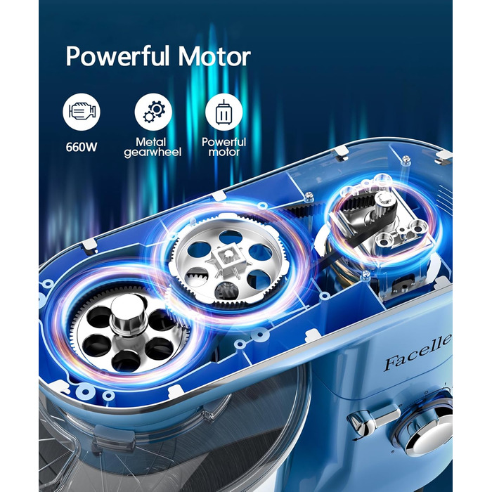 Кухонна машина Facelle 1500W з нержавіючою чашею 6.2L, 6 швидкостей, комплект насадок (міксер, гак для тіста, вінчик, сплеск-захист), блакитна