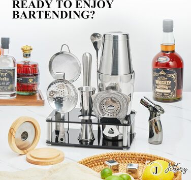 Boston Shaker Set – 10-Piece Stainless Steel Cocktail Shaker Set with Acrylic Base, Hawthorne Strainer, Ice Tongs, Bar Spoon, Jigger, Muddler – Perfect for the Home Bar (Silver)