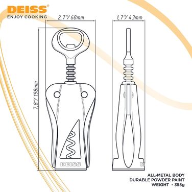 Відкривачка для вина Deiss LUX з металевим шнеком та відкривачкою для пива - ергономічна, з матовим покриттям та сумкою для зберігання