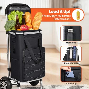 YEAUPE PRO Кухоль-тележка 3в1 з термоізольованим відділенням, 50л, знімний мішок, вантажопідйомність до 25кг, бічні кишені та відкривачка для пляшок (Чорний), не складається