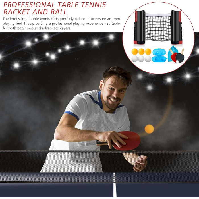 Набір для настільного тенісу: сітка, 2 ракетки, 6 м'ячів, коробка для м'ячів, сумка для зберігання. Професійний спортивний набір для гри в приміщенні та на вулиці