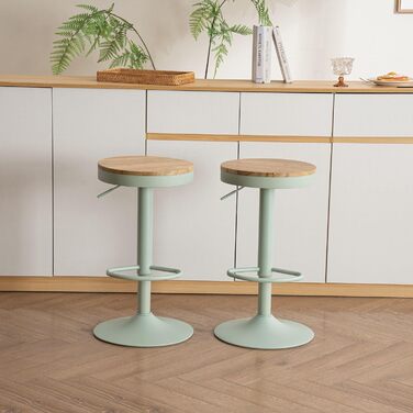 YOUNIKE Adjustable Bar Stools Set of 2 - Wooden Swivel Bar Height Stools with Footrest for Kitchen & Bar - Vintage Green