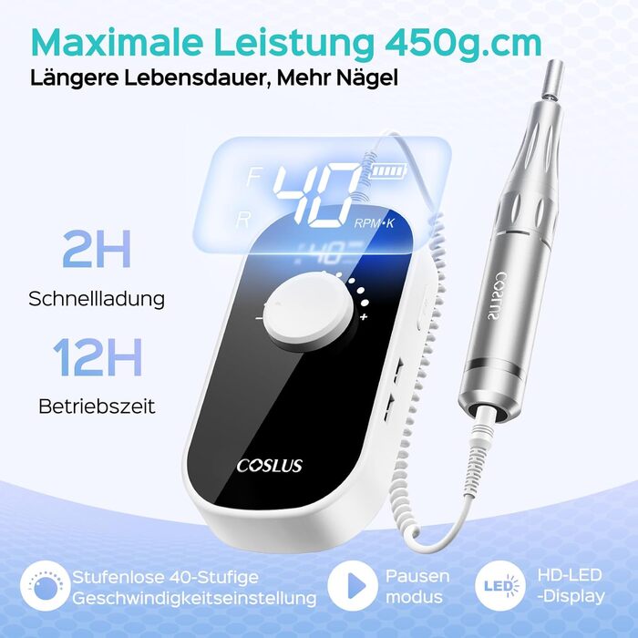 Електрична машинка для манікюру COSLUS 40000 об/хв: професійний набір для догляду за нігтями 6-в-1. Підходить для гелевих та акрилових нігтів, видалення гелю та педикюру. Компактна, тиха, біла.