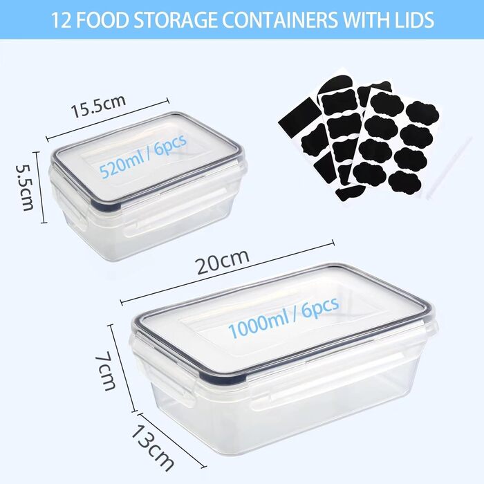 12 контейнерів для зберігання їжі з кришкою, контейнери для заморожування, meal prep бокси, 6 x 1л/0.52л, BPA-free, герметичні, для мікрохвильової печі, придатні для миття в посудомийній машині, для зберігання та транспортування їжі, фруктів, овочів