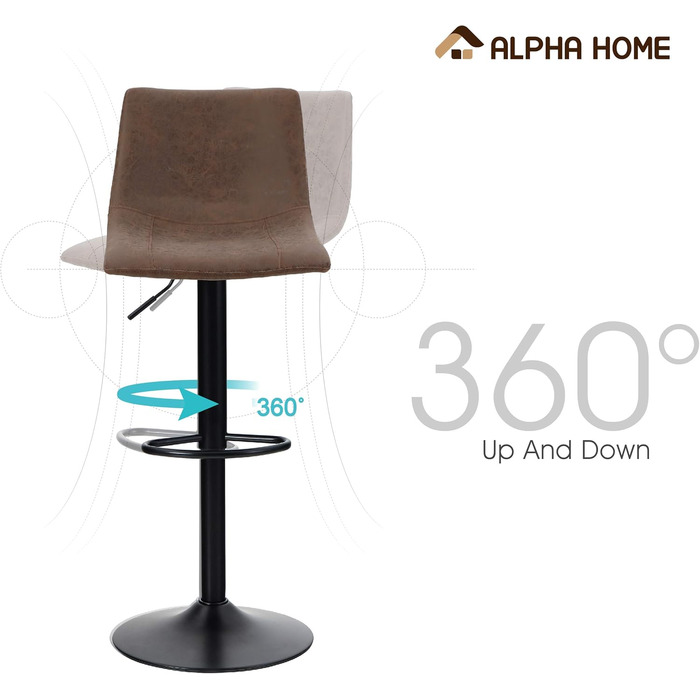 ALPHA HOME Барні стільці 2 шт. Регульована висота, поворотні, для кухні, з підніжкою та спинкою, PU шкіра, коричневі