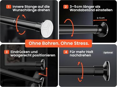 Штанга для душу без свердління 160-210 см, срібна, Ø 25 мм, телескопічна, з кріпленнями. Підходить для ванної, душу та перегородки. Телескопічна штанга для вікна 50-80 см, матовий чорний