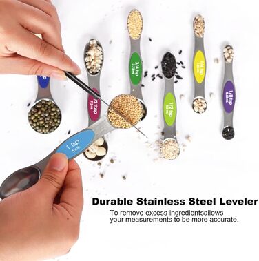 Multicolor magnetic measuring spoon set with leveler, stainless steel, stackable, fits spice jars – for baking and kitchen use