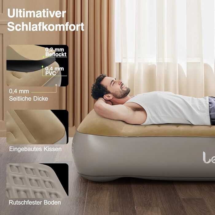 Надувне ліжко Lewondr на 2 особи з вбудованим насосом, комфортна повітряна матрац, самонадувна ліжко для кемпінгу, дому, гостей, подорожей (300 кг MAX), (203x152x33 см, Хакі)