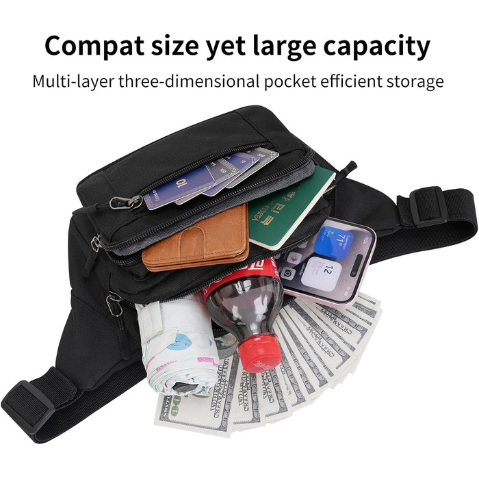 Чоловіча/жіноча поясна сумка-бананка з 5 відділеннями, водонепроникна, для подорожей, прогулянок з собакою та активного відпочинку, чорна