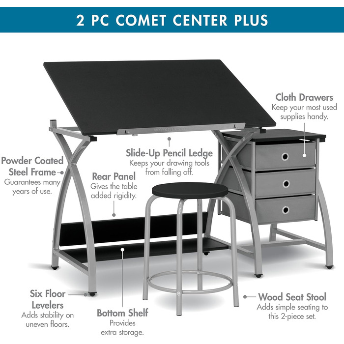 SD Studio Designs Comet Center Plus Craft Table & Stool Set with Storage - Adjustable Top - Silver/Black