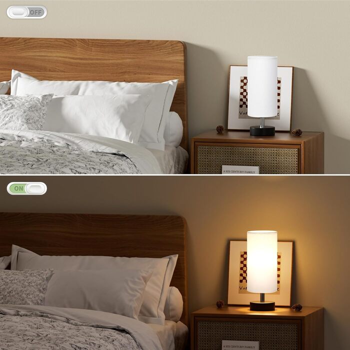 Нічна лампа Kakanuo з 3 колірними температурами, біла, з вимикачем, абажур з льону, для вітальні, спальні, офісу, дитячої кімнати (LED лампа в комплекті), колір A-білий+чорний