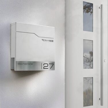 Поштовий ящик Metzler Thobe сучасний, сталевий корпус з нержавіючої сталі, з табличкою для імені, білий, з відділенням для газет