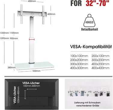 AOKCOS Adjustable TV Stand Base - Height 1350mm, Tilting & Swivel, for 32-70 inch TVs, Universal VESA 400x400, 40kg Capacity (White)