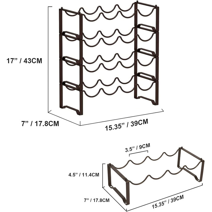 Metal wine rack, stackable bottle rack for 16 bottles, suitable for cellars, bars, and storage rooms. Stable, modular, and expandable bottle and wine storage (4 tiers)