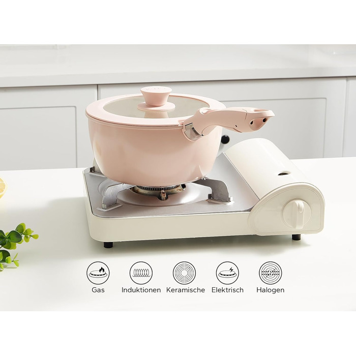 Набір посуду Redchef 16 предметів з антипригарним покриттям Ceramic, знімні ручки. Включає: сковороду 20/26 см, глибоку сковороду 26 см, каструлі 18/20 см. Підходить для всіх типів плит, духовка, можна складати. Колір: бежевий/рожевий