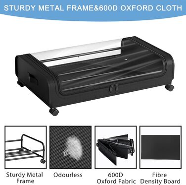 Коробка для зберігання під ліжком 2 шт. з коліщатками, 48L, металевий каркас, органайзер для одягу, взуття, ковдр, постільної білизни (Чорний)