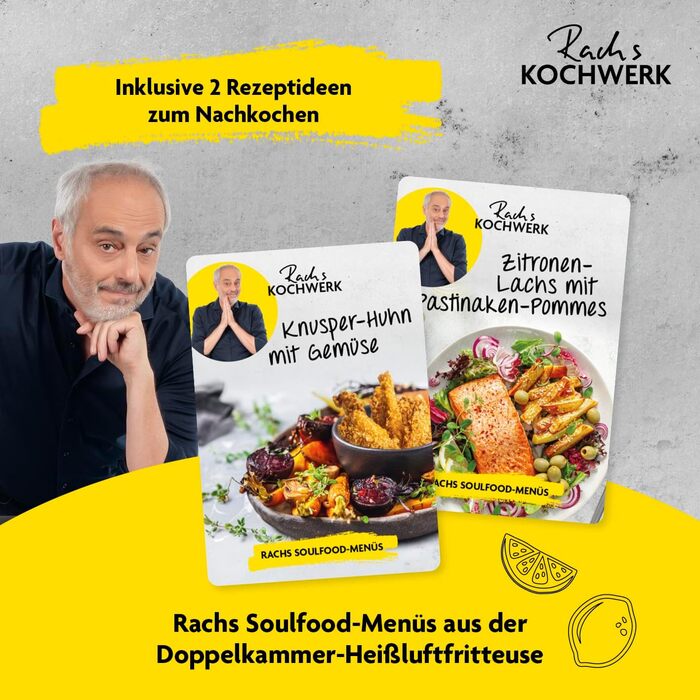 Двокамерна аерофритюрниця Rachs KOCHWERK 7 л, цифрова, сенсорна панель, 10 програм, 2 камери по 3,5 л, нержавіюча сталь, без масла, Smart-Cook, 2400 Вт, чорна