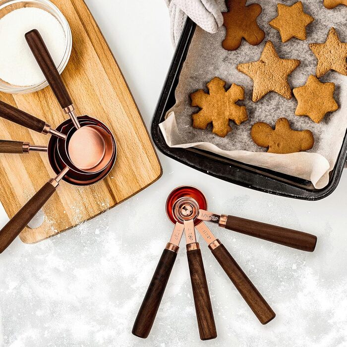 Measuring Cup and Spoon Set, Rose Gold Measuring Cups and Spoons, Stainless Steel Measuring Cups with Wooden Handle, Metal Measuring Cup Set for Cooking, Baking, 8 Pieces