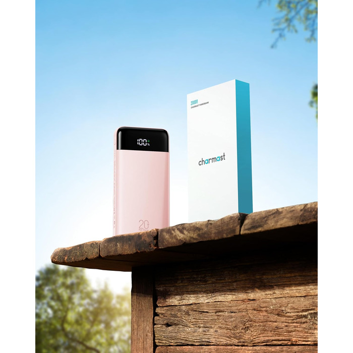 Повербанк Charmast 20000 mAh з 4 вбудованими кабелями, швидка зарядка 22.5W, портативний зовнішній акумулятор для iPhone, Android, iPad, рожевий