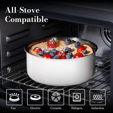 Набір посуду з нержавіючої сталі 14 предметів: сковорода 24 см, каструлі 18/20 см, знімні ручки, керамічне покриття, підходить для всіх плит, білий