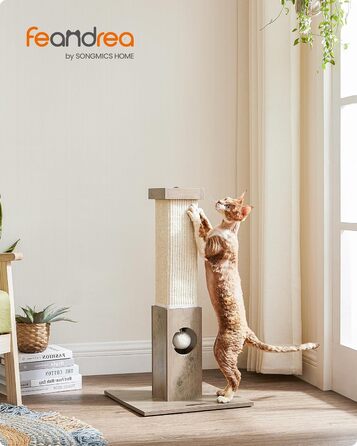 Feandrea Scratching Post, Scratching Trunk, Cat Tree, 10 cm Thick Trunk, Scratching Column Made of Natural Sisal Rope, 73 cm High, with Plush Play Ball, Furniture Scratch Protector, Greige PCA021G01