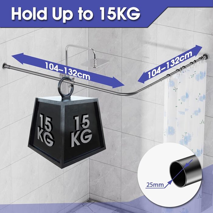 Кутова штанга для душу L-Form, регульована 68–96 см × 68–96 см, нержавіюча сталь, водонепроникна та стійка до іржі, 90 градусів, з 12 кільцями, комплект гвинтів (104-132x104-132 см, Чорний)