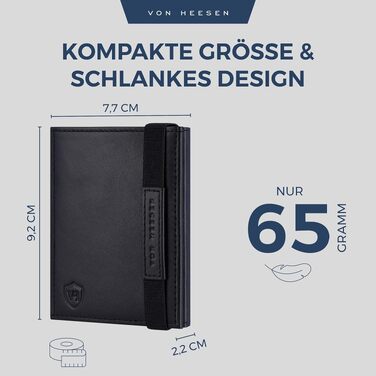 Шкіряний компактний гаманець VON HEESEN з RFID-захистом, міні-портмоне для чоловіків та жінок (чорний, гладка шкіра, з відділенням для монет)
