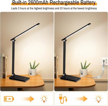 LED лампа настільна Eraylife: бездротова, 800LM, 2600mAh, 5 кольорів, 5 рівнів яскравості, диммування, для дітей, офісу, з USB, чорна