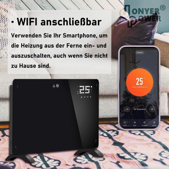 Конвектор DONYER POWER 2500W з Wi-Fi, чорний, з таймером та дистанційним керуванням, скляна панель