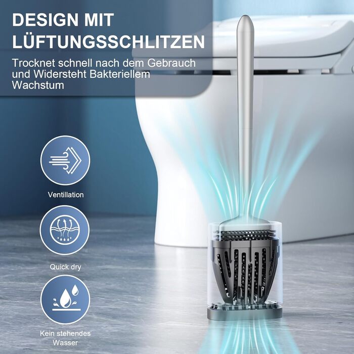 Щітка для унітазу з силікону Waretary з тримачем, нержавіюча сталь, гнучкий наконечник, швидке висихання, для ванної кімнати (срібляста)