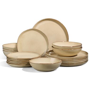 Набір посуду Joyfair на 6 осіб, 18 предметів, з каменю, тарілки, миски, для мікрохвильовки та посудомийної машини, реактивний пісковий хакі