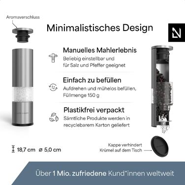 Набір ручних мельниць для солі та перцю LARS NYSØM з регульованим керамічним жорном | Набір з 2 штук з нержавіючої сталі | Дизайн