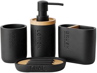 Набір аксесуарів для ванної кімнати з бамбуком/деревом, чорний: дозатор мила, тримач зубних щіток, мильниця