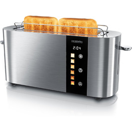 Тостер Arendo з нержавіючої сталі, 2 відділення, довгий проріз, сенсорний екран, подвійні стінки, насадка для бургерів, 6 рівнів підсмажування, центрування хліба, індикатор часу, функція пам'яті, чорний (C: Steelsilver)