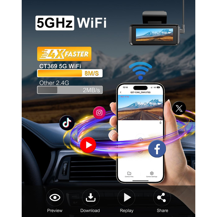 Автомобільний відеореєстратор 4K з 2.99'' екраном, 5G WiFi, SD-картою 64ГБ, нічною зйомкою WDR, кутом 170°, G-сенсором та режимом паркування