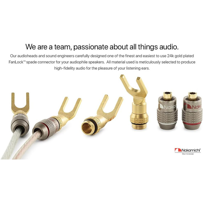 Позолочений Y-подібний роз'єм Nakamichi FanLock Excel-Serie для акустичних кабелів 10-18 AWG, 4мм, для Hi-Fi стерео та домашнього кінотеатру, 4 шт (2 пари)