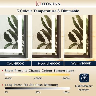 Дзеркало для ванної кімнати Keonjinn з підсвічуванням, чорний металевий каркас 60x80 см, антизапітніння, LED, сенсорне управління, 3 кольори світла, регулювання яскравості, функція пам'яті, настінне дзеркало