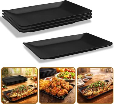 Teller Rechteckig: Сервірна тарілка прямокутна, чорна, для закусок, десертів, суші, салатів, фруктів, антипасті (9615-4)